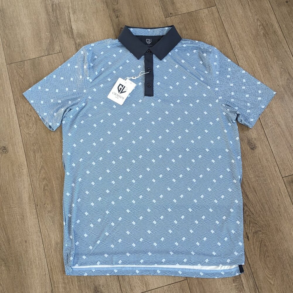 NWT Graham Luxe L Maze Polo Shirt Blue Geometric Print Golf Performance Stretch